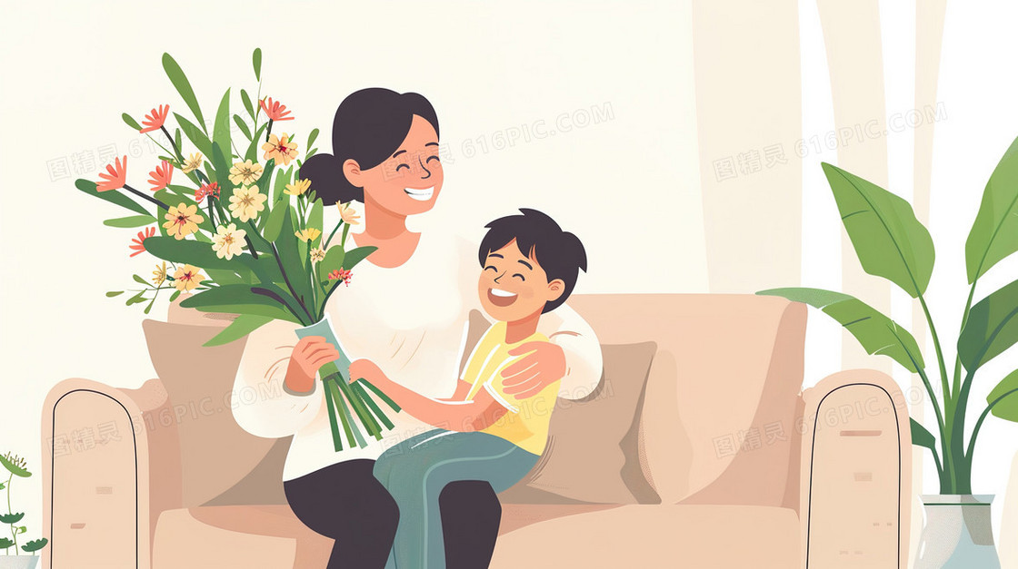 沙发上抱着孩子拿着一束花的母亲插画