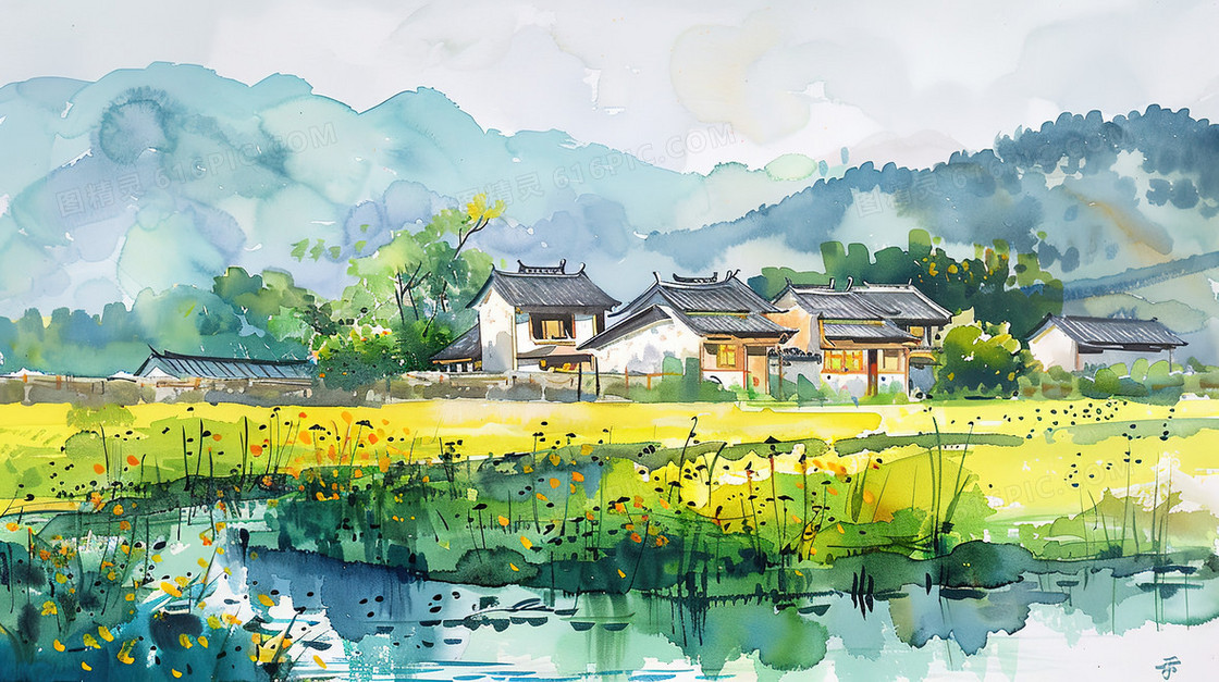 春天山野平原上的小村庄插画