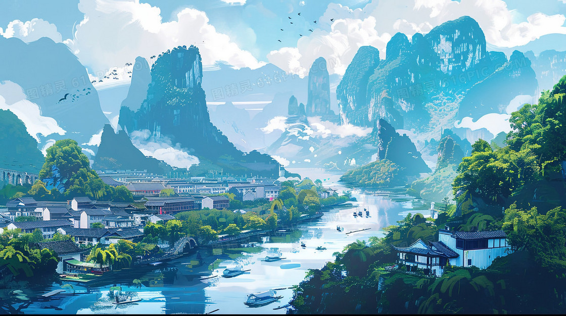 山谷江河边的古镇古建筑插画