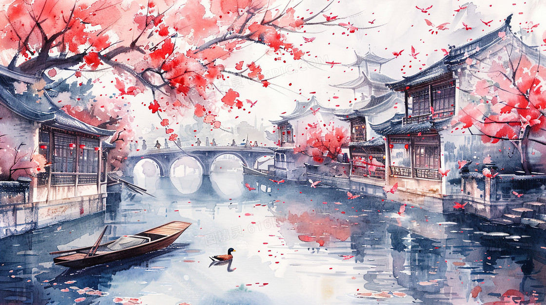 红桃花盛开的江南水乡插画