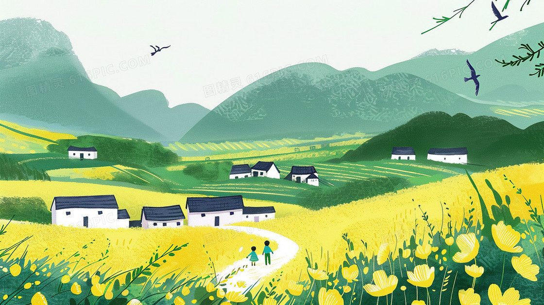 春天乡村田野小屋前开满的鲜花插画