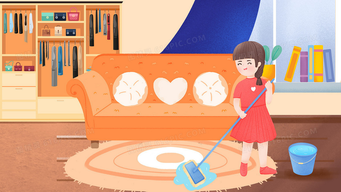 五一劳动节在家打扫卫生插画