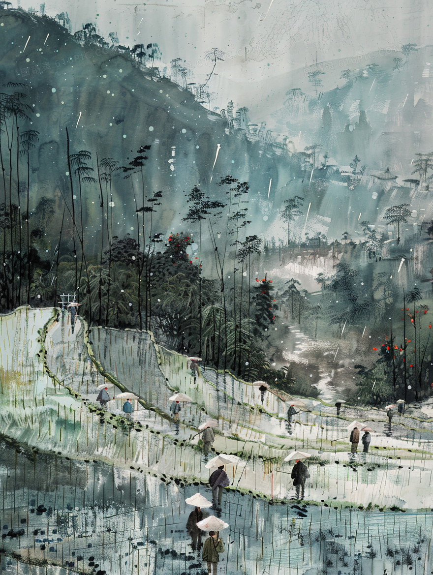 雨中山野梯田上撑伞的人们插画
