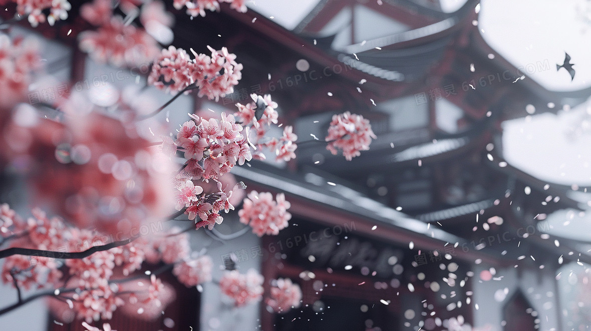 春天樱花建筑古镇屋檐插画背景图片下载_2912x1632像素JPG格式_编号1pyfwexol_图精灵