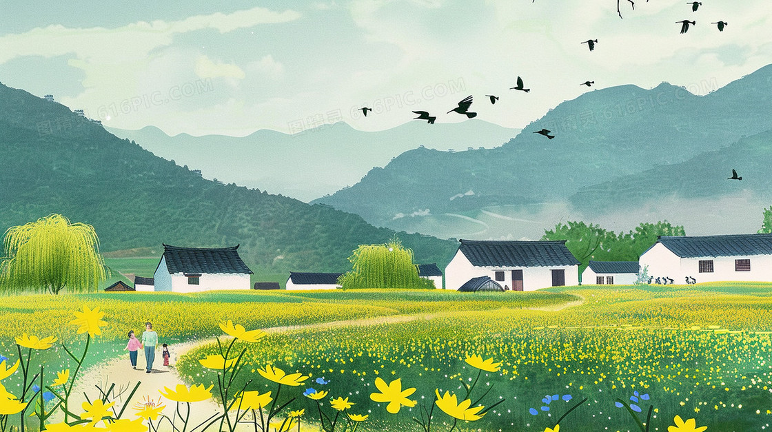 春天乡村田野小屋前开满的鲜花插画