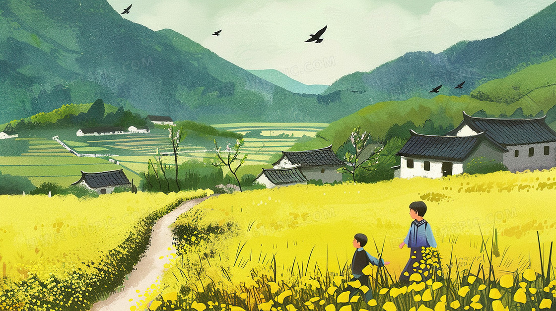 春天乡村田野小屋前开满的鲜花插画