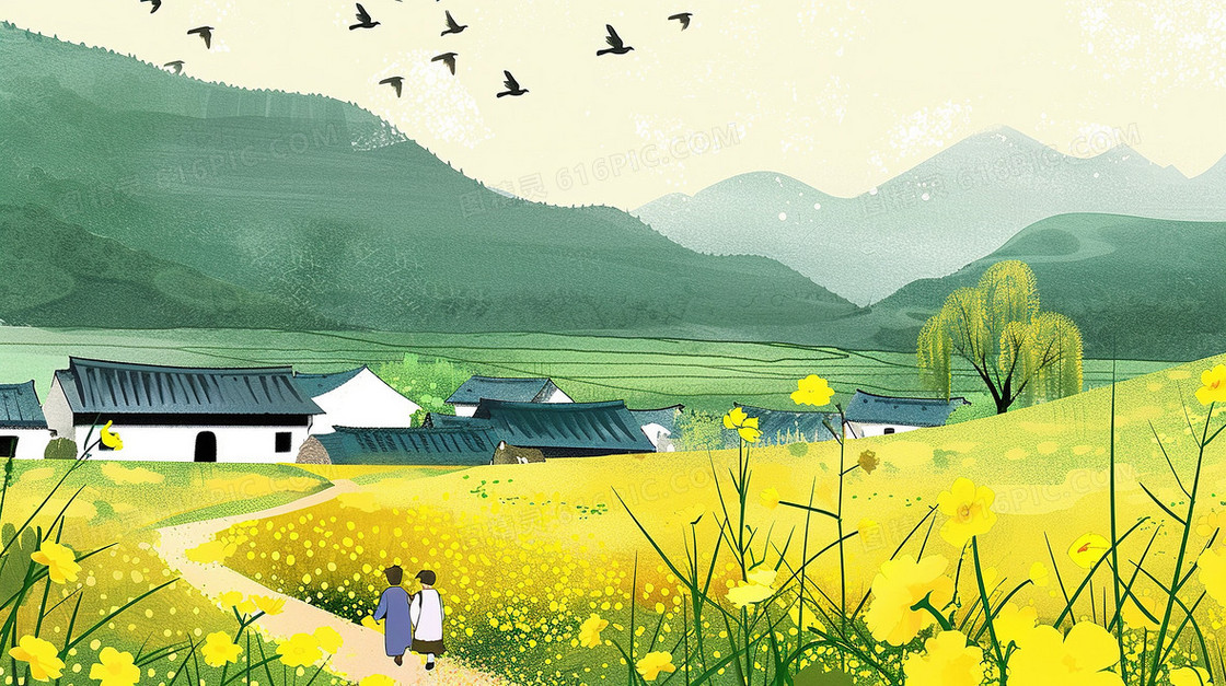 春天乡村田野小屋前开满的鲜花插画