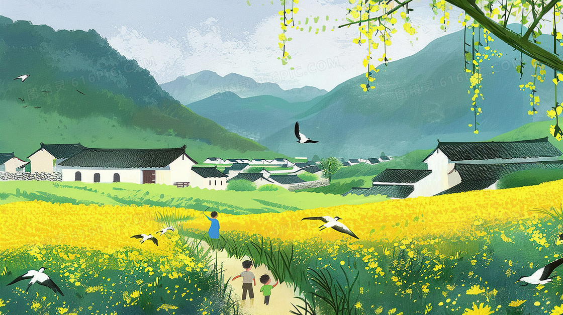 春天乡村田野小屋前开满的鲜花插画