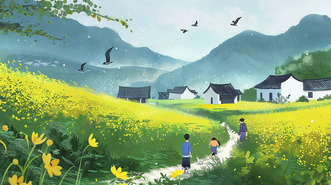 春天乡村田野小屋前开满的鲜花插画