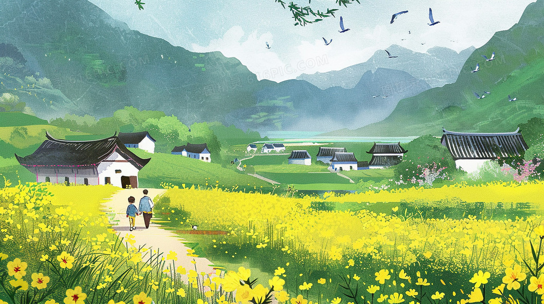 春天乡村田野小屋前开满的鲜花插画