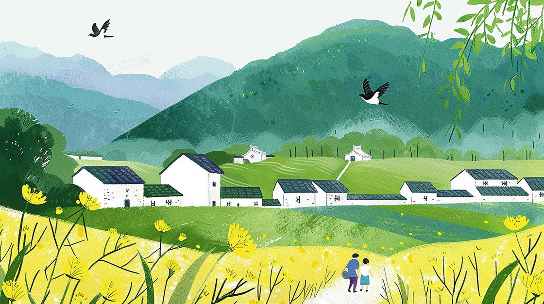 春天乡村田野小屋前开满的鲜花插画