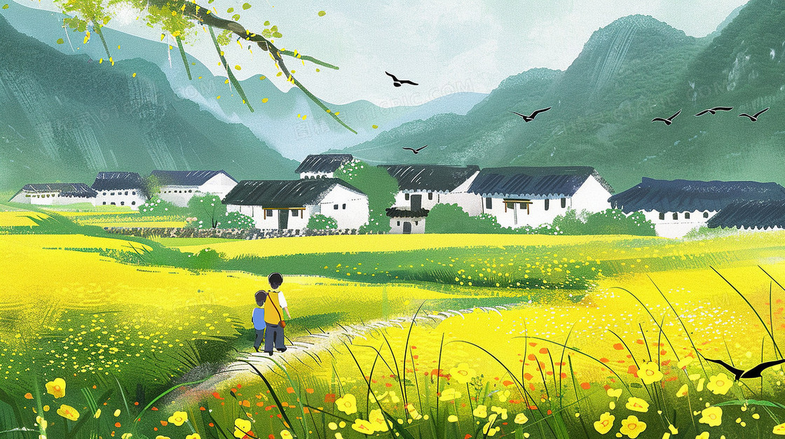 春天乡村田野小屋前开满的鲜花插画