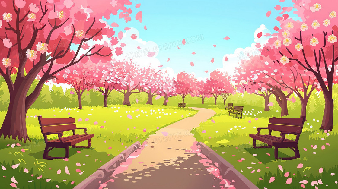 春天公园里的樱花树插画