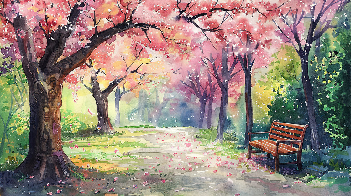春天公园里的樱花树插画
