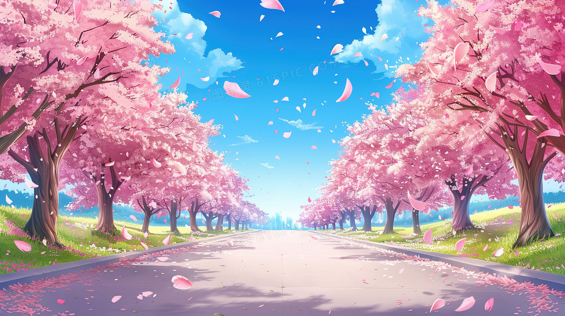 蓝天白云唯美春天樱花树插画