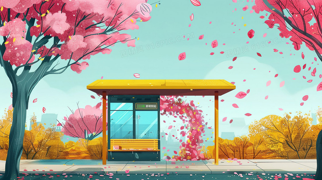 唯美春天公交车站台樱花树插画