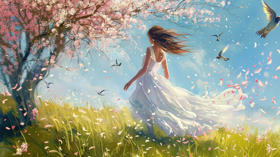 春天樱花树下的女孩插画