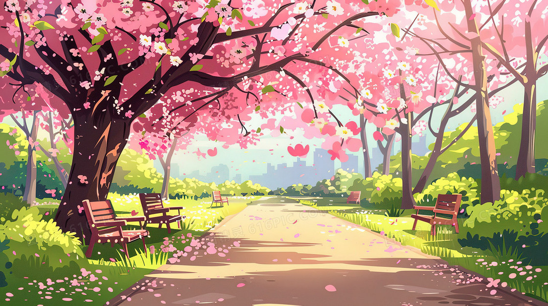 春天公园里的樱花树插画