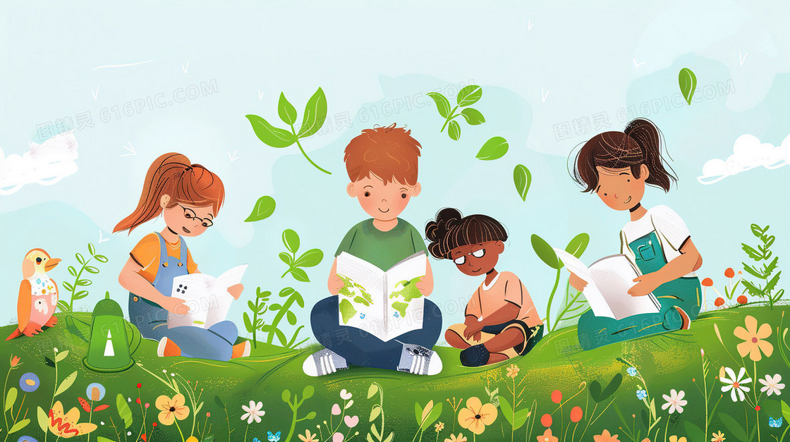 坐在草地上看书的孩子们插画