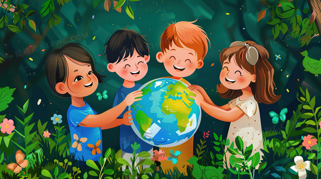 孩子们围绕着地球插画