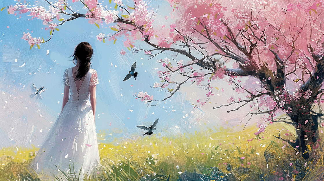 春天樱花树下的女孩插画