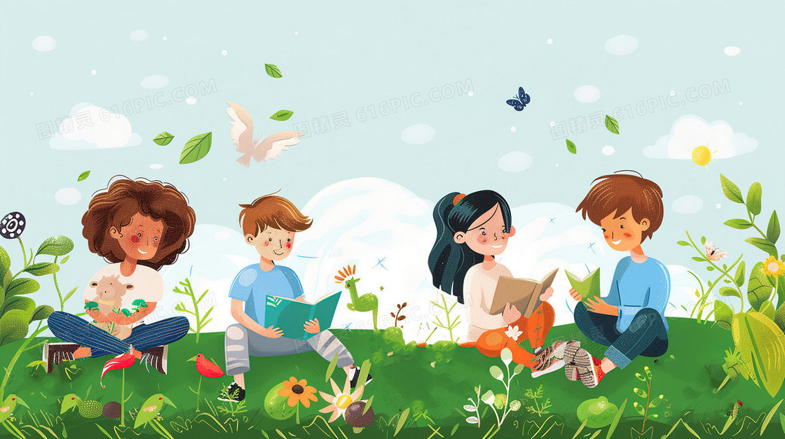 坐在草地上看书的孩子们插画