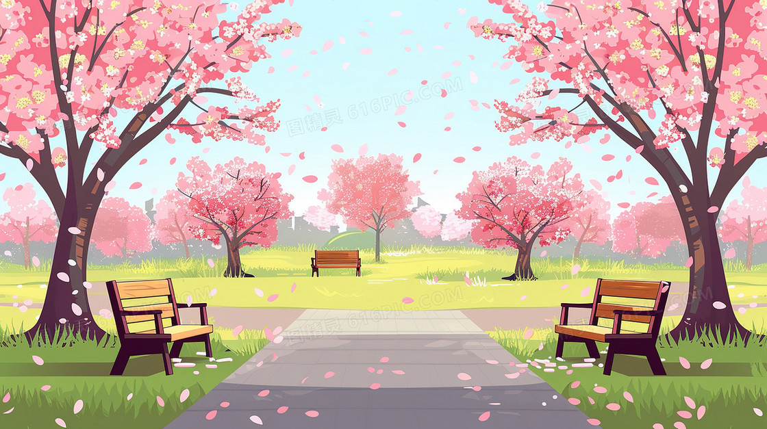 春天公园里的樱花树插画