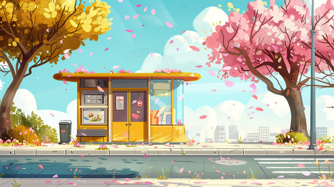 唯美春天公交车站台樱花树插画
