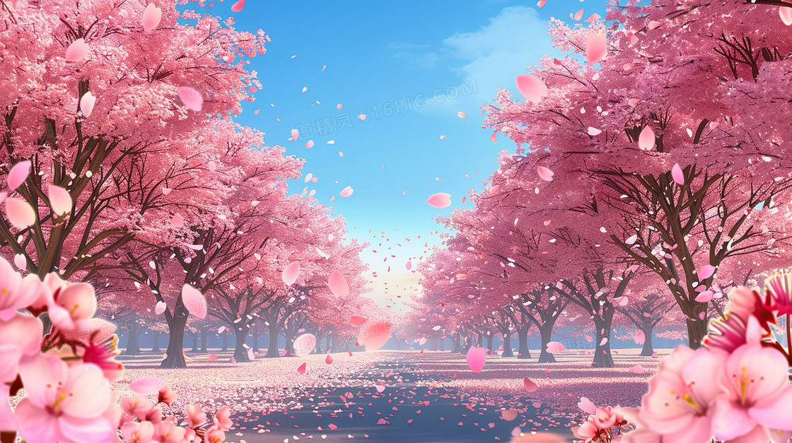 蓝天白云唯美春天樱花树插画