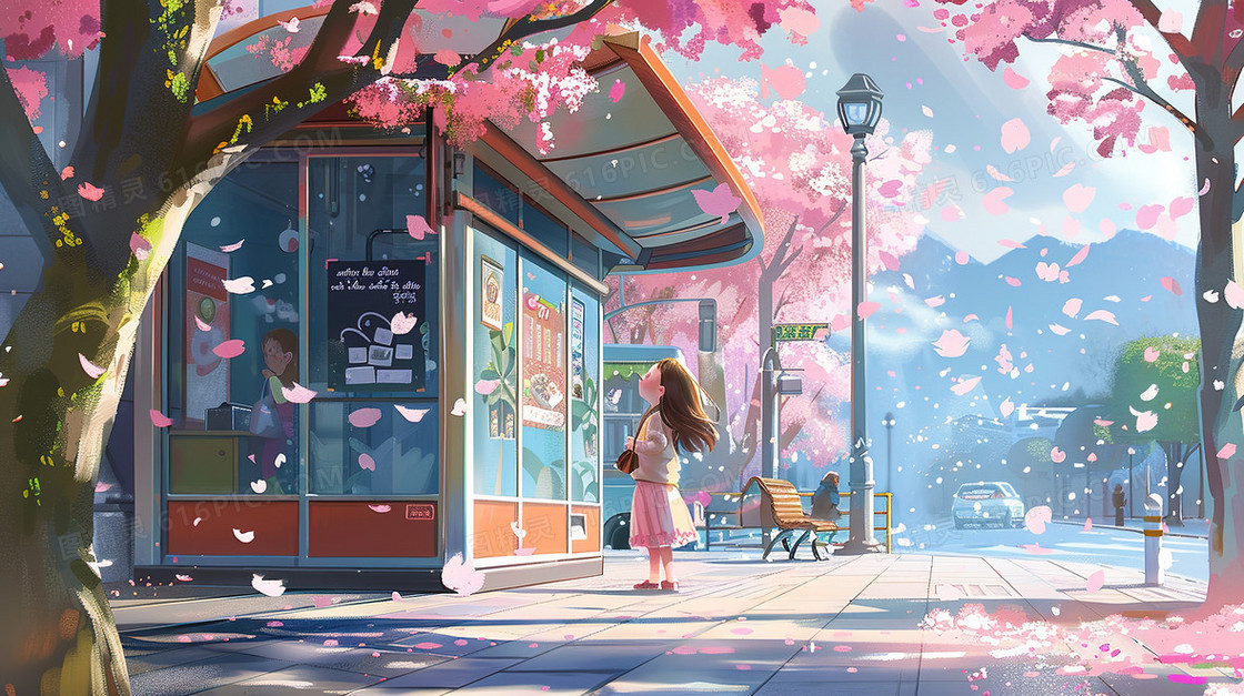 唯美春天公交车站台樱花树插画