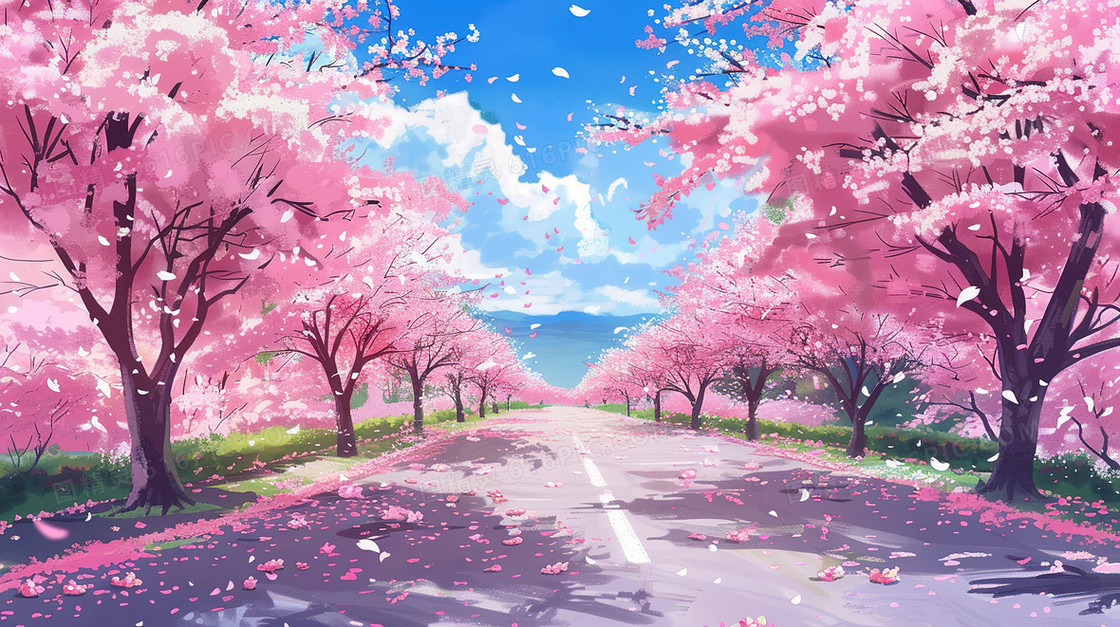 蓝天白云唯美春天樱花树插画