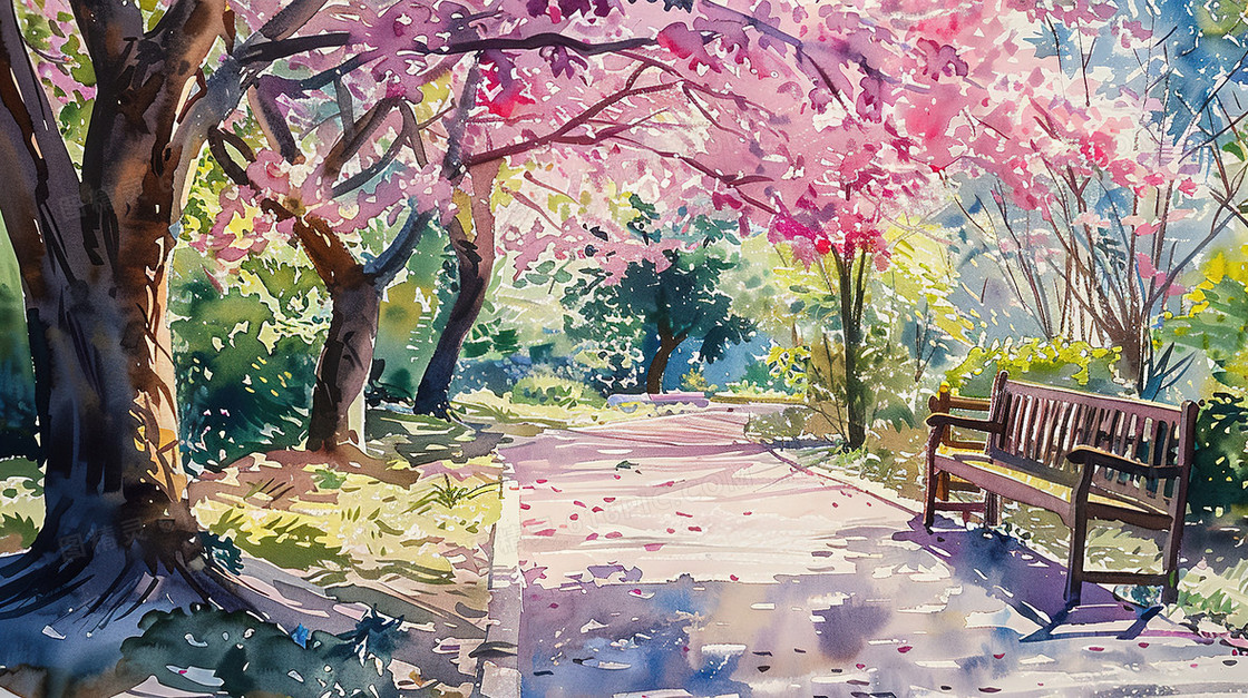 春天公园里的樱花树插画
