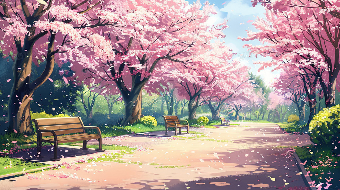 春天公园里的樱花树插画