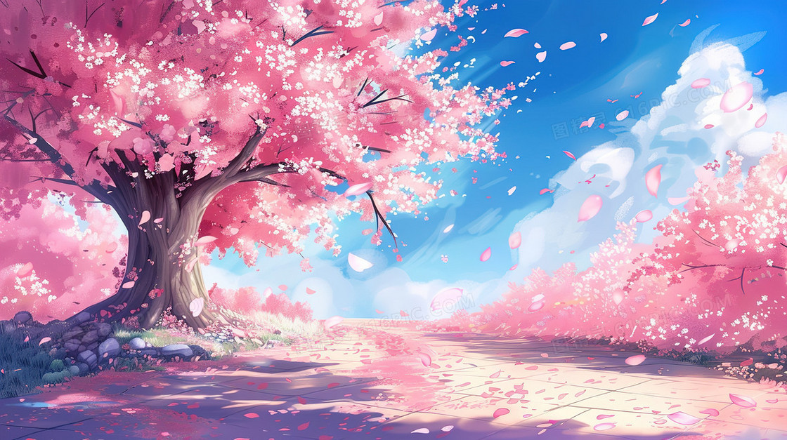 蓝天白云唯美春天樱花树插画