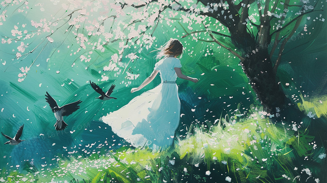 春天樱花树下的女孩插画
