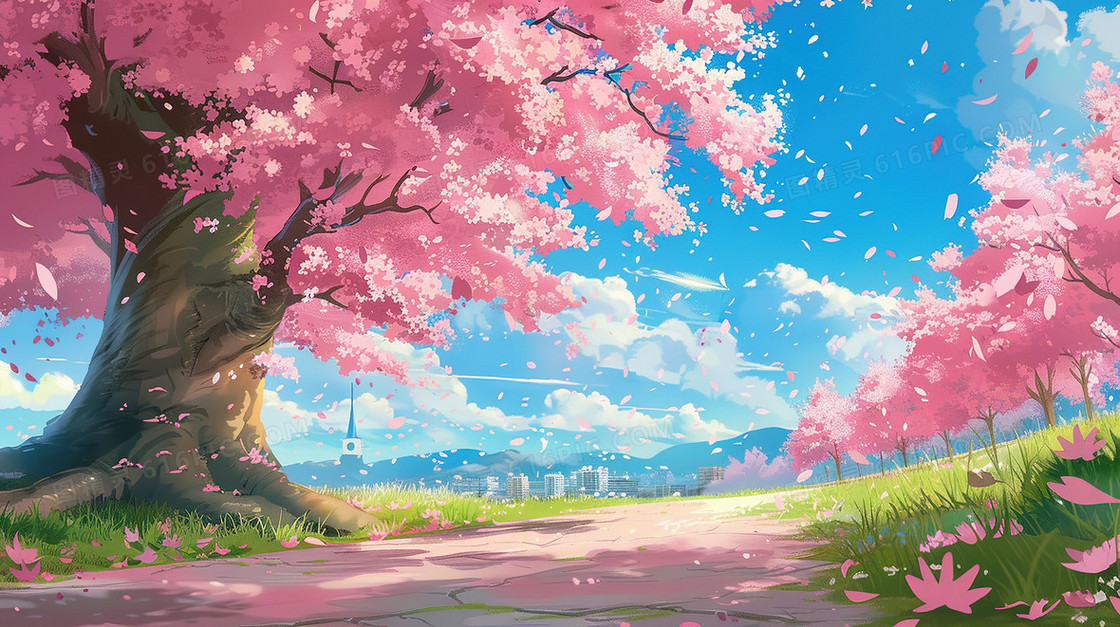 蓝天白云唯美春天樱花树插画