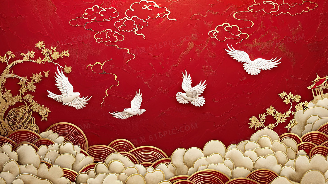 红色鎏金国潮飞翔的白鸽插画