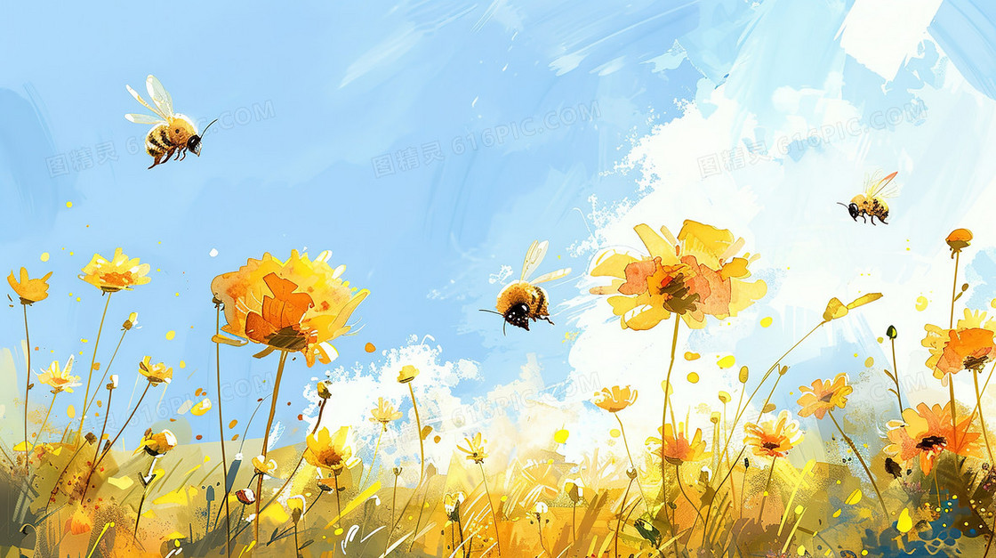 蓝天白云花丛蜜蜂插画