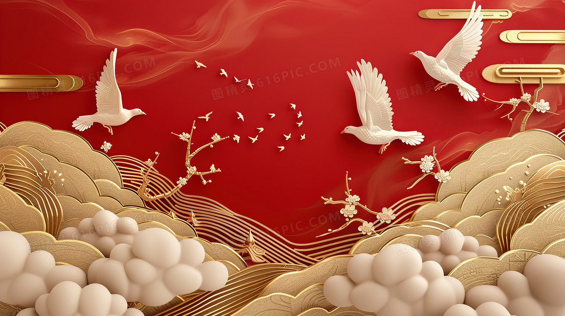 红色鎏金国潮飞翔的白鸽插画
