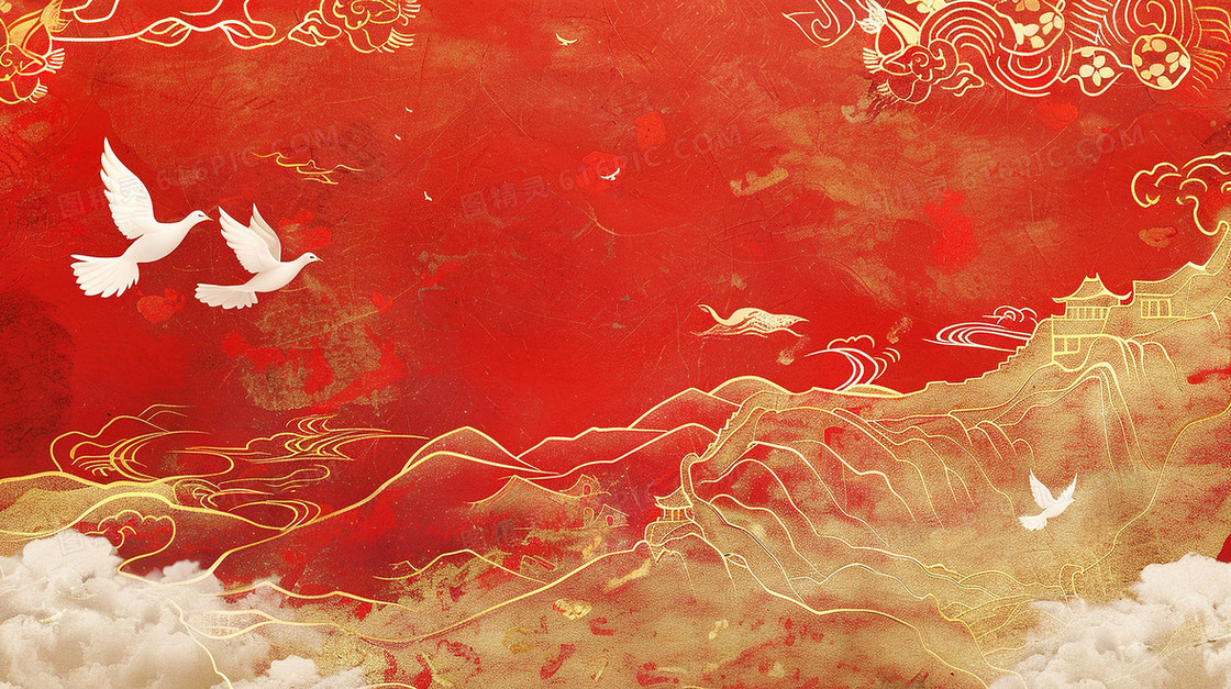红色鎏金国潮飞翔的白鸽插画