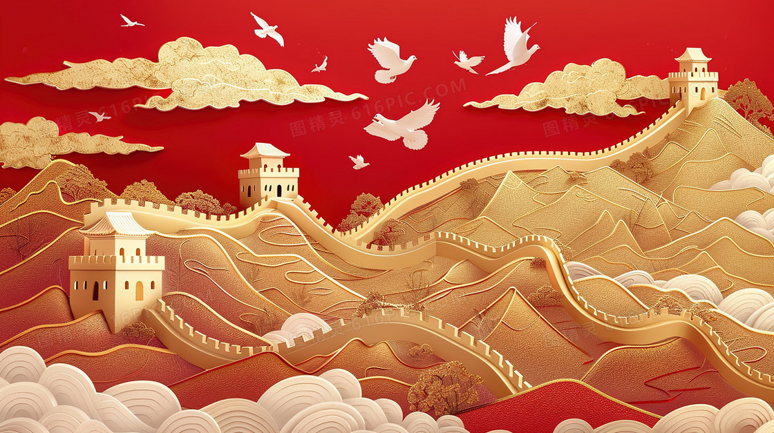 红色鎏金国潮建筑白鸽插画