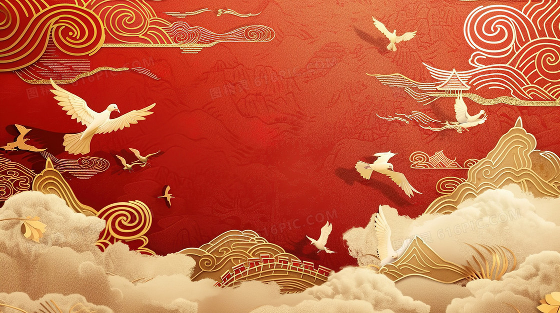 红色鎏金国潮飞翔的白鸽插画