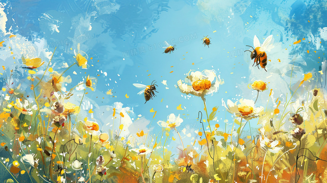 蓝天白云花丛蜜蜂插画