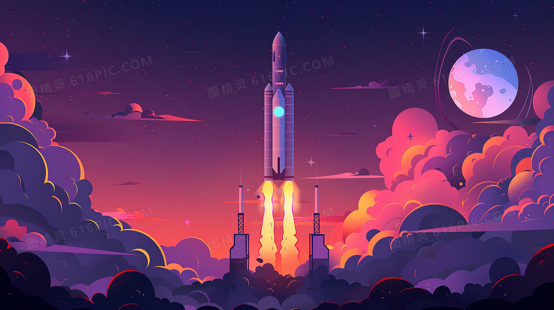 航天探索火箭发射插画
