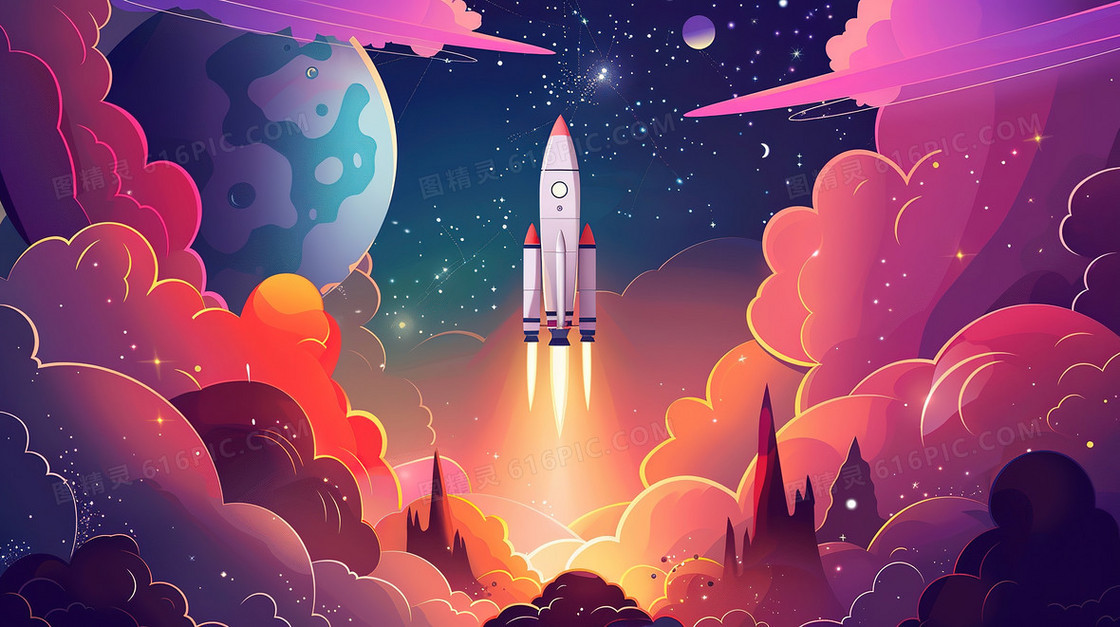 航天探索火箭发射插画