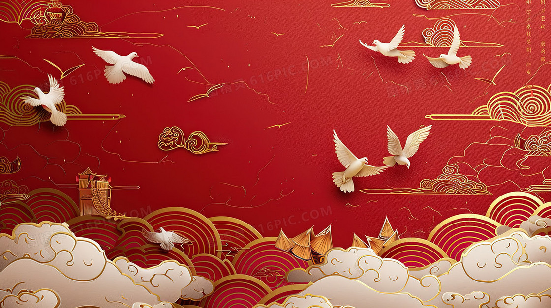 红色鎏金国潮飞翔的白鸽插画