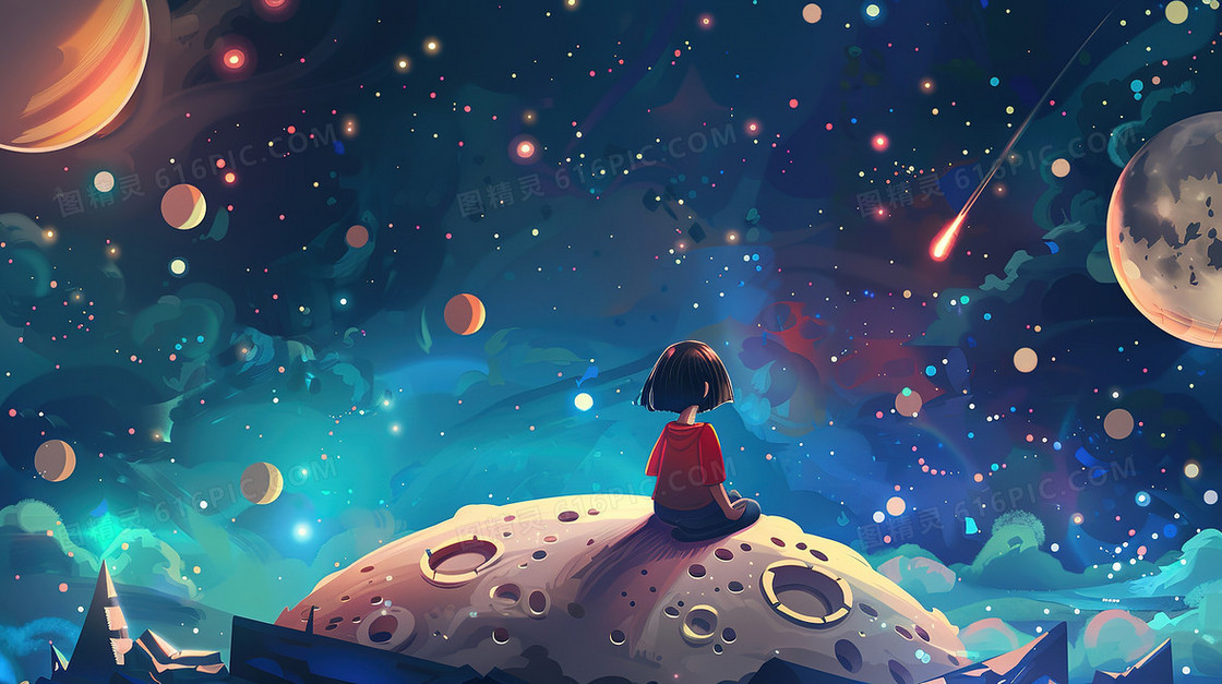 女孩坐在星球上看流星插画