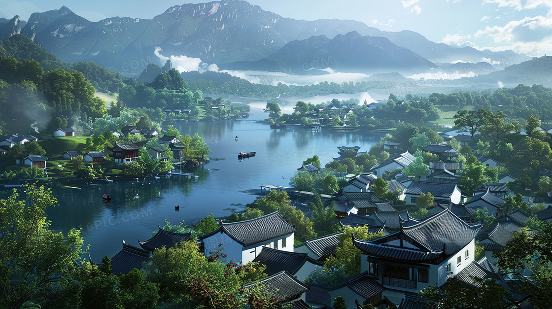 唯美江南水乡古镇建筑插画