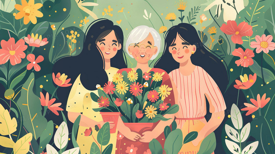 祖孙三代花卉植物合影拍照插画