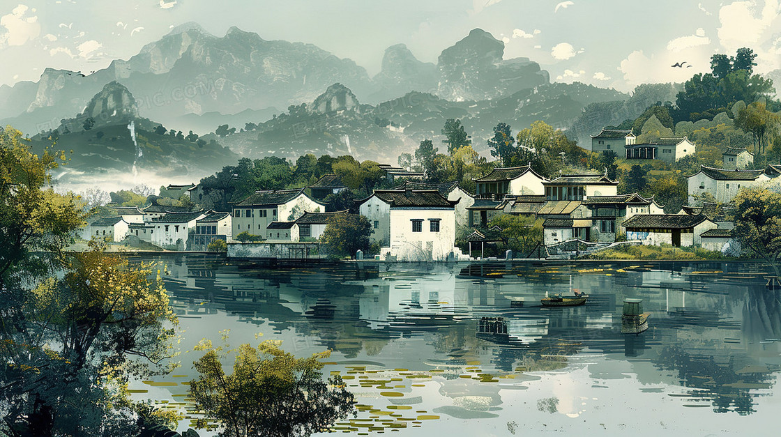 唯美江南古镇建筑水乡插画